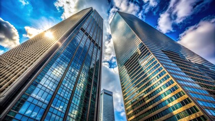 Low angle view of two imposing skyscrapers , architecture, buildings, city, urban, downtown, sky, modern, tall