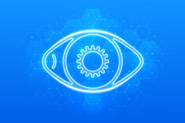 Eye icon. Ophthalmology. Vision eye care. Ophthalmologist consultation. Eye Exam. Laser Surgery. Choosing glasses. Molecular structure. Blue medical background with hexagons. Vector illustration.