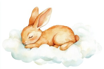 A cute and cuddly watercolor illustration of a little bunny sleeping peacefully on a fluffy white cloud. This artwork represents innocence, dreams, and the beauty of sleep.