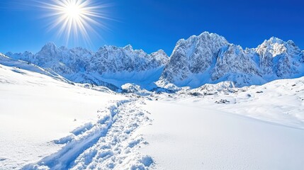 Snowy Mountain Range with Footpath Leading to Sun