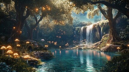 Fototapeta premium A serene forest scene featuring a tranquil waterfall surrounded by glowing mushrooms and lush trees in a magical landscape
