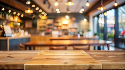 Abstract blur cafe background with wooden board and empty table