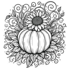 Pumkin with flower coloring page 