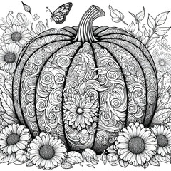 Pumkin with flower coloring page 