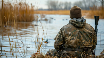 Hunter with a Shotgun in a Hidden Blind
