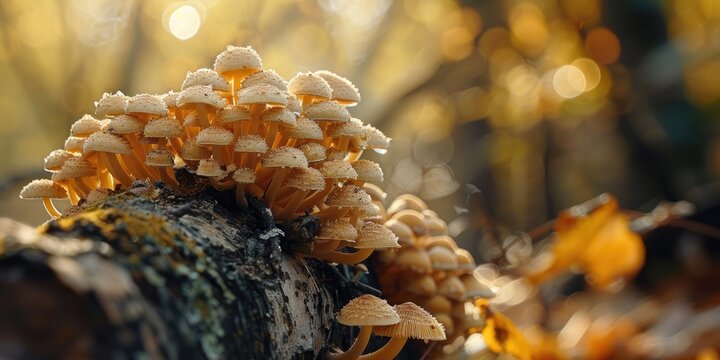 Fresh honey fungus Armillaria mellea cluster on a small birch trunk in the forest