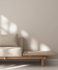 Close up of wooden sofa with side table, beige fabric cushion in sunlight on white wall for interior design decoration, lifestyle product background 3D