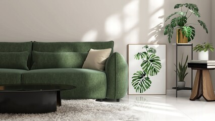 Modern, luxury living room with green sofa, round black coffee table, monstera tree, plant, poster...