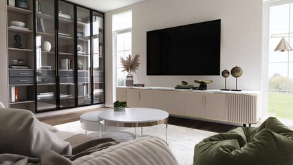 Large flat screen television in modern, luxury, living room with dark brown sofa in sunlight from window for interior design decoration, lifestyle product background 3D