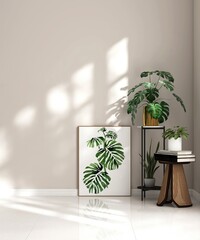 Empty room with light beige wall, monstera plant, poster frame and green tropical plant in sunlight from window on white floor for interior design decoration, lifestyle product background 3D © Sue Tansirimas