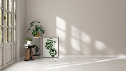 Empty room with light beige wall, monstera plant, poster frame and green tropical plant in sunlight from glass door on white floor for interior design decoration, lifestyle product background 3D © Sue Tansirimas