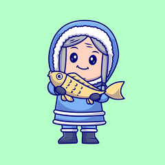 Fototapeta premium Cute Grandmother Holding Fish and Wearing Winter Jacket Cartoon Vector Icon Illustration. People Nature Icon Concept Isolated Premium Vector. Flat Cartoon Style