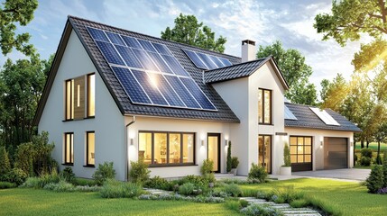 Obraz premium Modern House with Solar Panels on Roof and Lush Garden