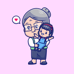 Obraz premium Cute Grandmother Holding Baby Girl Cartoon Vector Icon Illustration. People Family Icon Concept Isolated Premium Vector. Flat Cartoon Style 