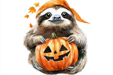 A cute watercolor illustration of a sloth wearing an orange hat and holding a jack-o'-lantern pumpkin. The sloth has a friendly expression and symbolizes the joy, innocence, and fun of Halloween.