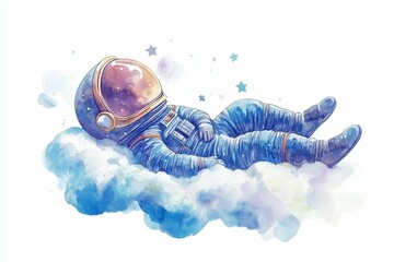 A cute watercolor illustration of an astronaut sleeping peacefully on a fluffy cloud with stars in the background. It symbolizes dreams, space exploration, childhood innocence, and the wonders of the 