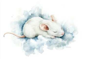 A cute white mouse is peacefully sleeping on a soft, blue watercolor cloud. This heartwarming image symbolizes innocence, dreams, and the beauty of nature.