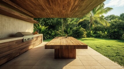 Rustic Meets Modern: Outdoor Kitchen Oasis with Vibrant Garden Backdrop