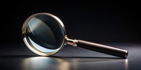 A magnifying glass on a black background , magnify, search, investigation, zoom, analyze, examine, detective, research, close-up