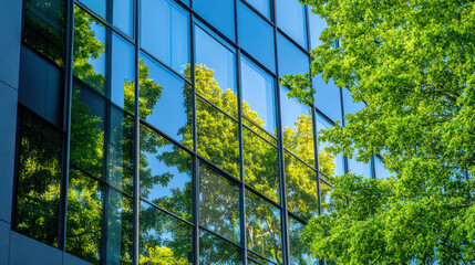 A modern office building with green trees reflected
