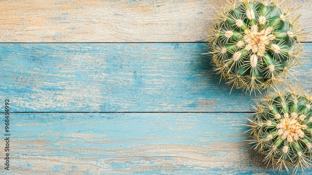 Poster Cactus on Blue Wooden Background   Copy Space