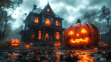 A spooky Halloween scene with a haunted house, glowing pumpkins, and a cloudy sky, perfect for seasonal decorations and themes.