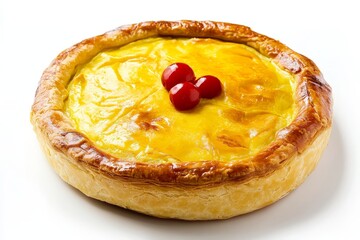 A golden brown Gateau Basque pastry, a classic French dessert, with a flaky crust and a sweet custard filling, topped with three bright red cherries. This traditional treat is perfect for any occasion