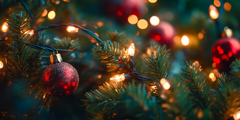 Merry Christmas and Happy New Year bright colorful composition. Xmas background with festive decorative elements. Festive banner and web poster, greeting card, flyer and brochure