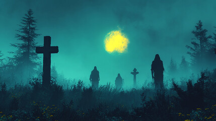 Eerie landscape with fog, crosses, and shadowy figures under a glowing moon, creating a haunting atmosphere.