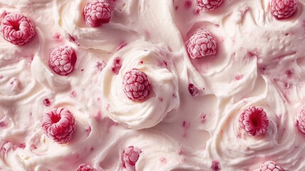 A close-up of the top view of white cream with raspberries, creating intricate patterns and textures. The background is a soft pink color to complement the creamy texture of the cheesecake. 