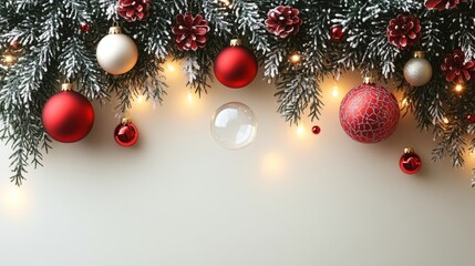 Merry Christmas and Happy New Year bright colorful composition. Xmas background with festive decorative elements. Festive banner and web poster, greeting card, flyer and brochure