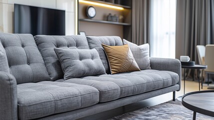 Gray Fabric Sofa with Built-in Storage and Plush Accents in Elegant Living Room Setting