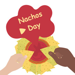 Nachos Day Spinach and corn tortilla chips in man and woman hands dipping them in hot salsa sauce