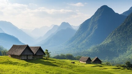 Obraz premium Tranquil Lao Mountain Villages: A Hidden Paradise Among Verdant Peaks