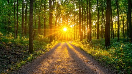 Obraz premium Sunbeams Through Forest Trees on Path