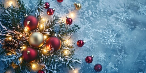 Merry Christmas and Happy New Year bright colorful composition. Xmas background with festive decorative elements. Festive banner and web poster, greeting card, flyer and brochure