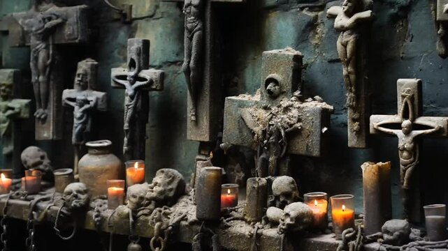 Detailed view of ancient crucifixes in a dimly lit setting, surrounded by the flicker of devotional candles