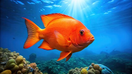 Vibrant Garibaldi fish swimming in clear blue ocean waters, marine life, colorful
