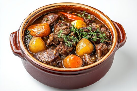 A hearty and flavorful French beef stew, Daube Proven&ccedil;al, simmered in a rich red wine sauce with vegetables and herbs, served in a rustic brown pot.