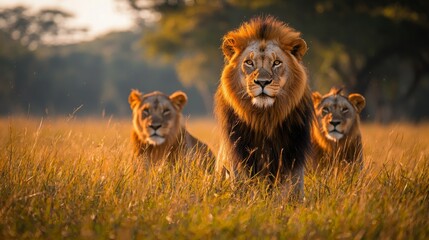 Majestic Lions in Golden Grass  African Wildlife  Pride  Savanna  Safari  Wild Animals