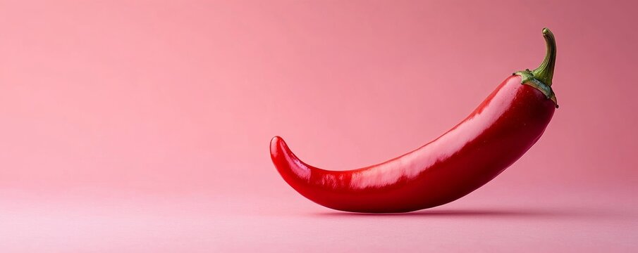 Single red chili pepper on a pink