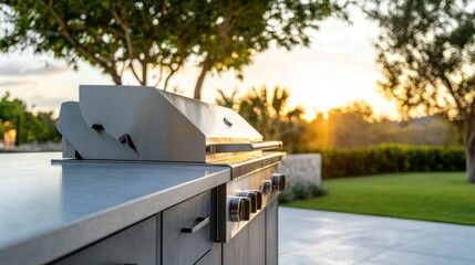 Stylish Modern Outdoor Kitchen: Sleek Cabinets, Stainless Steel Appliances, and Natural Light