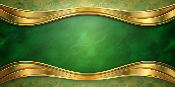 Abstract green and gold background with paint curves and gold border