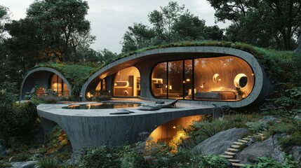 Fototapeta premium Modern Eco Friendly Concrete House with Swimming Pool and Green Roof