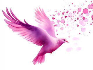 Obraz premium Pink dove clipart, symbol of peace for breast cancer awareness, watercolor illustration, sharp outlines, vibrant pink bird, isolated on white background