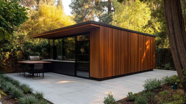 Modern Outdoor Kitchen Extension with Shera Wood Siding in a Lush Garden