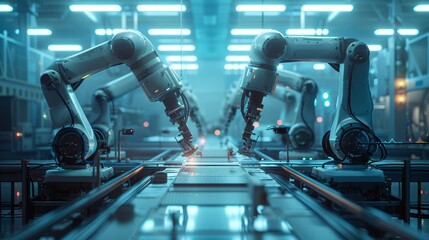 Fototapeta premium A futuristic, cleanroom environment with robotic arms precisely cutting metal sheets while 3D printers create intricate components, glowing blue light illuminating the scene