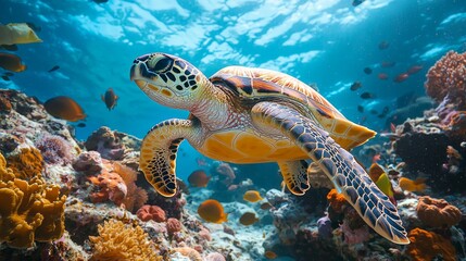 Green Sea Turtle Swimming Through Coral Reef Underwater