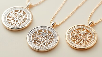 Naklejka premium Gold Necklaces with Diamond Pendants Floral Design
