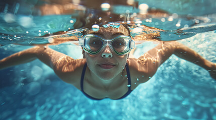 Fototapeta premium Underwater picture of a female swimmer in a swimsuit and goggles training in a swimming pool.